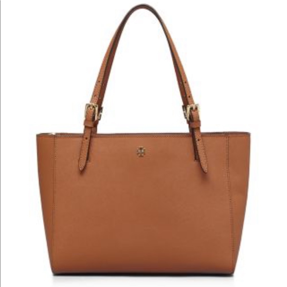 Tory Burch York small buckle tote Luggage brown Saffiano leather